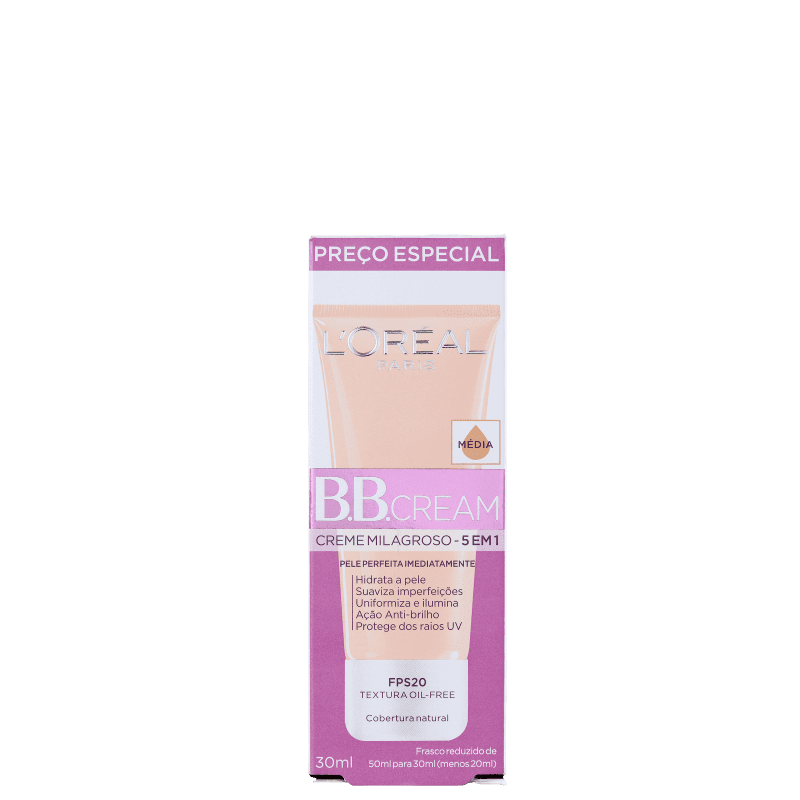 Base Loreal Paris Creme Milagroso 5 em 1 FPS 20 Médio - BB Cream 30ml