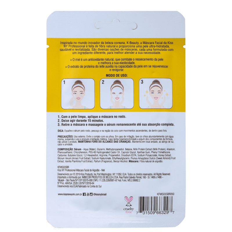 Máscara Facial de Algodão Mel Nutritivo - Kiss NY